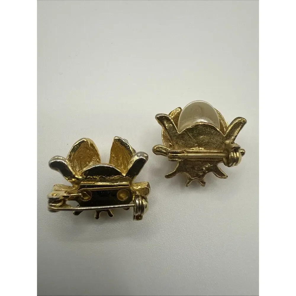 Two Ladybug Scatter Pins LOOK READ Gold‎ Tone Rhinestone One Pearl Stone Missing
